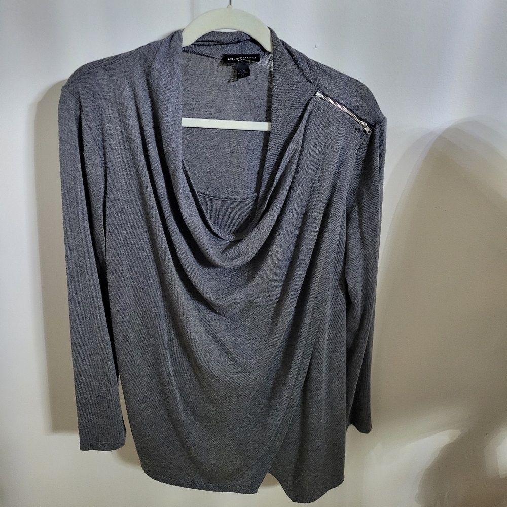 I.N. Studio Gray Draped Long Sleeve Top With Embroidered Detail, Size PXL